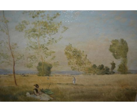 After Monet, oil on textured board, figures in a landscape, 19.75ins x 24ins, unframed, together with an oil on board, mosque