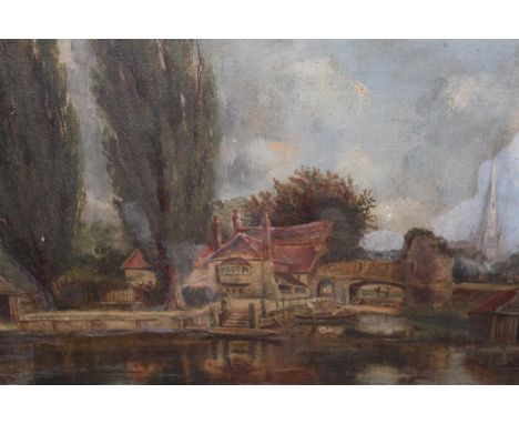 R. Mallett, early 20th Century oil on canvas, river scene with castle gate and distant church, signed, gilt framed, 11ins x 1