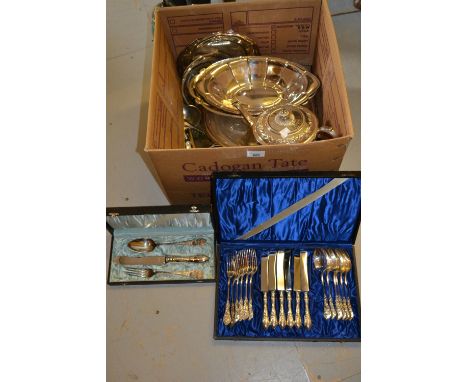 Cased set of six Continental silver plated knives, forks and spoons, cased W.M.F. knife, fork and spoon, a plated teapot and 