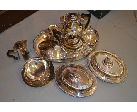 Pair of oval plated entree dishes with covers and handles, an oval plated galleried tray, four piece tea service, oval biscui