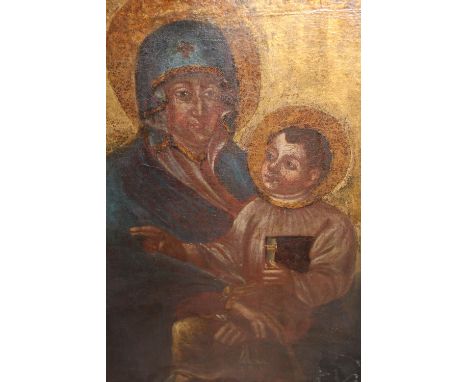 Unframed 18th Century oil on canvas, portrait of the Madonna and child, 28ins x 22ins 