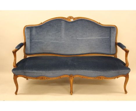 Early to mid 20th Century Continental fruitwood salon sofa with a blue upholstered back, seat and arms, together with a pair 