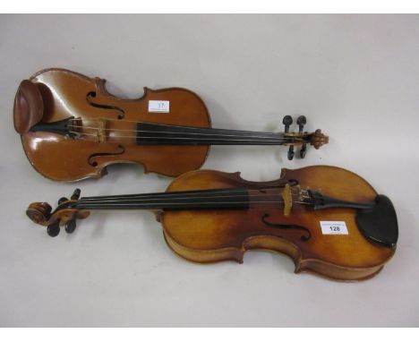 West German violin with two piece back (Stradivarius copy), with case and bow, together with two other similar violins and a 