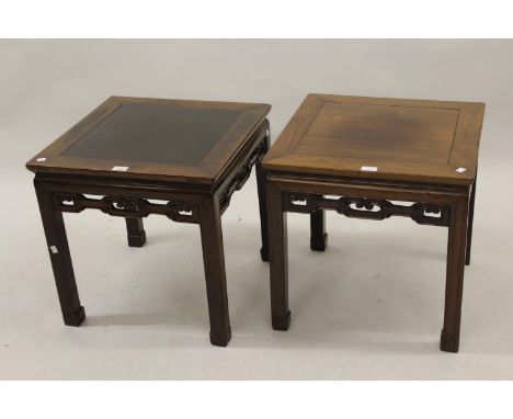 Pair of mid 20th Century Chinese hardwood lamp tables with square tops, pierced friezes and square cut supports, 20.5ins squa