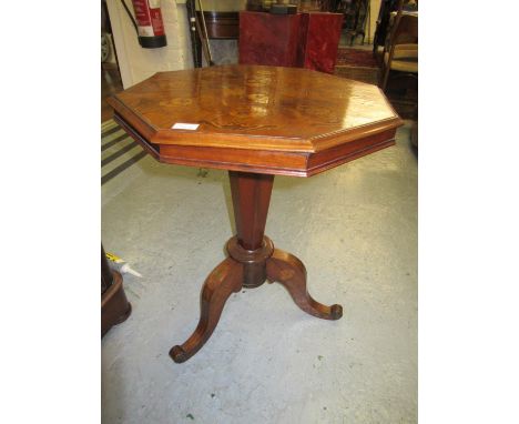 19th Century rosewood and marquetry inlaid octagonal pedestal table, the tilt-top above an octagonal tapering column support 