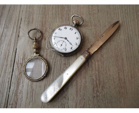 Continental silver cased open face pocket watch with keyless movement, together with a silver and mother of pearl handled fru