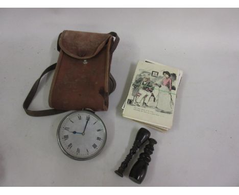 Early to mid 20th Century car dashboard clock, two ebony desk seals, folding camera and a small quantity of postcards and vie