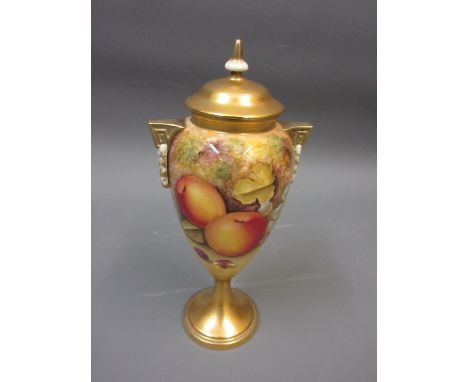 Modern Royal Worcester two handled pedestal vase and cover painted with fruits by R. Price, signed 9.75ins highMinor scratch 