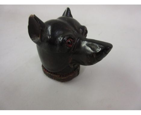 Late 19th / early 20th Century novelty inkwell in the form of a carved wooden dog's head with glass eyes and leather and copp