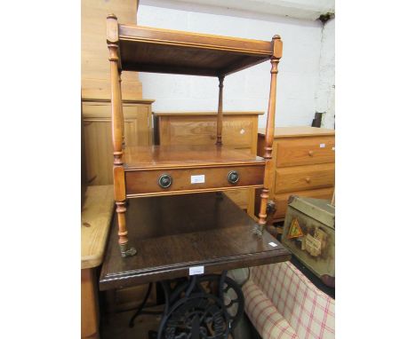 Reproduction yew wood two tier lamp table together with a reproduction mahogany drop leaf coffee table 