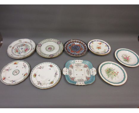 Pair of Worcester floral painted plates with turquoise and gilt borders, pair of modern Herend floral decorated plates and ni