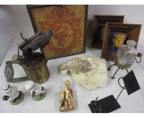 Box containing a quantity of miscellaneous items including a fossil of a fish, vintage shop display stand etc. 