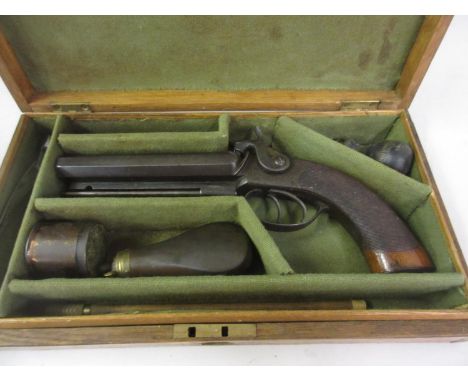 T. and F. Roper, Halifax, 19th Century double barrel percussion pistol with walnut stock, in fitted box with bullet mould, co