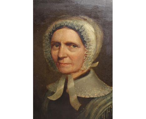 19th Century oil on canvas, portrait of a lady wearing a lace bonnet and collar, inscribed verso Sarah Boswell, Norwich, Norf