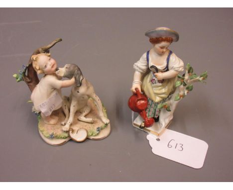 Small 20th Century Meissen figure of a girl gardener 4.25in high, together with a small bisque figure of a child with a dog 