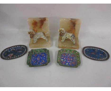 Pair of Art Deco spelter and alabaster bookends, mounted with figures of dogs, pair of small cloisonne dishes and a pair of C