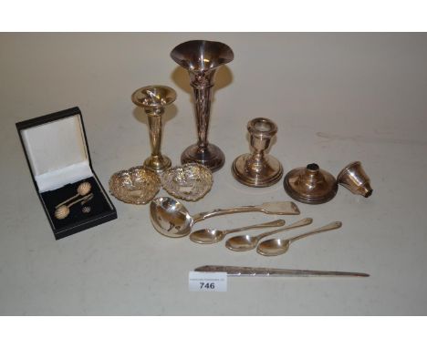 Pair of Birmingham silver embossed heart shaped trinket dishes, two silver  bud vases, pair of silver weighted taper sticks (