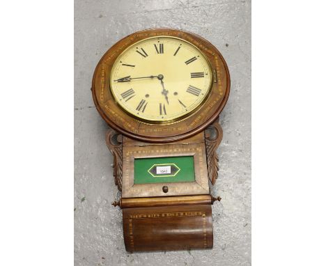 19th Century American walnut parquetry inlaid drop-dial wall clock, the enamel dial with Roman numerals and two train movemen