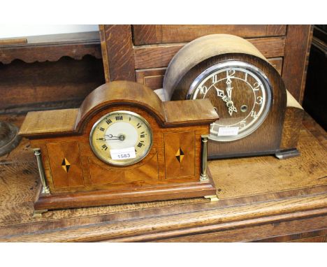 1920's Mahogany and parquetry inlaid dome shaped mantel clock together with an oak dome shaped two train mantel clock 
