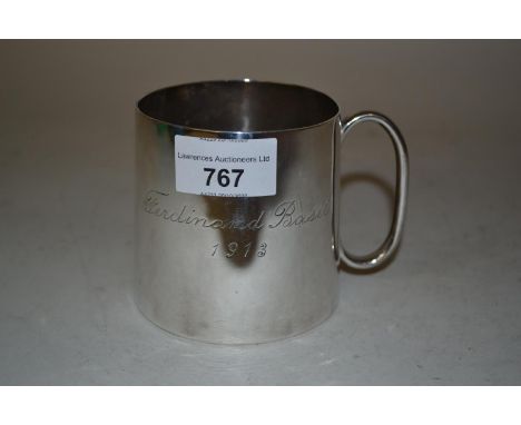 Chinese silver mug of plain tapering design, engraved Ferdinand Basil, 1913, seal marks to base, 3.25ins high, 218gmsDents to