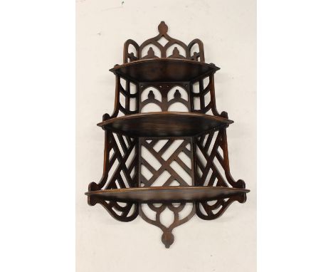 Mahogany three shelf Gothic style corner wall bracket 