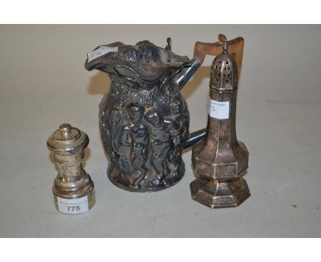Modern London silver pepper grinder, a plated embossed jug of Bacchanalian design and a plated pepper of octagonal baluster d