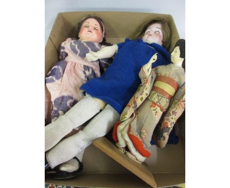 German bisque headed doll (at fault) together with a composition doll and a Japanese costume dollBisque is badly cracked. See