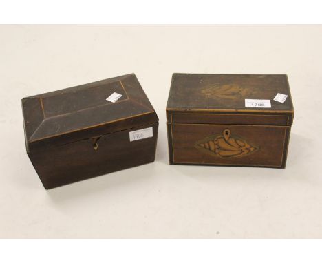 Small George III mahogany and shell inlaid tea caddy and a small 19th Century mahogany and line inlaid sarcophagus tea caddy 