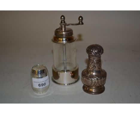 Victorian London silver pepper in the form of a barrel, Birmingham silver Art Nouveau style pedestal pepper and a white metal