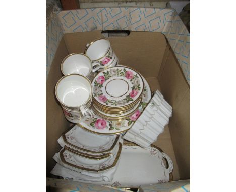 Royal Worcester Pink Roses teaset including six cups and saucers with side plates and a cake plate, Art Deco sandwich set wit