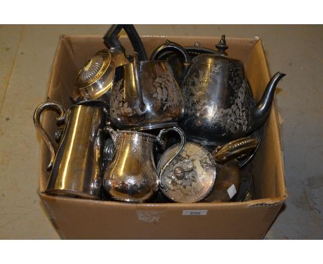 Box containing a quantity of silver plate including teasets etc 