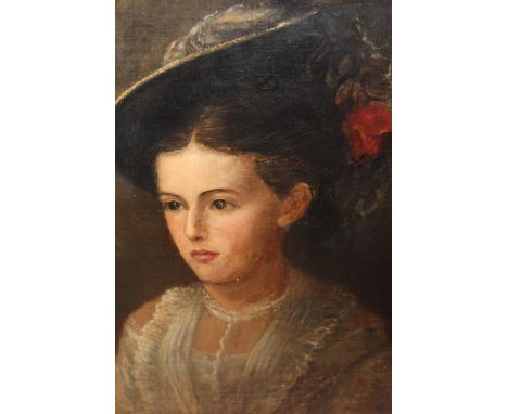 19th Century oil on canvas, portrait of a lady wearing a floral trimmed bonnet, 20ins x 16ins, in a modern gilt frame 