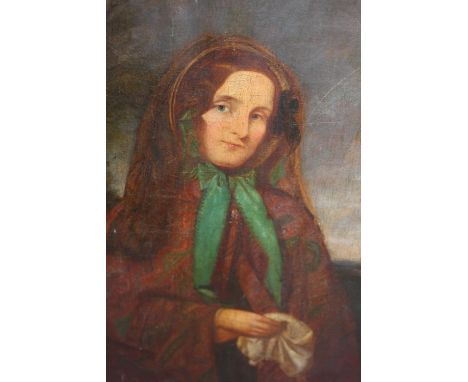 19th Century oil on canvas, portrait of a lady wearing a Paisley shawl, unsigned, 18ins x 14ins, unframed 