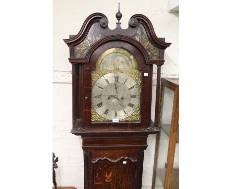 George III oak and mahogany longcase clock, the broken arch hood with a swan neck pediment inset with painted glass panels ab