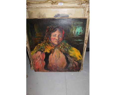 East European school ?, oil on canvas (laid down), portrait of a lady wearing a colourful shawl, indistinctly signed, 23.5ins
