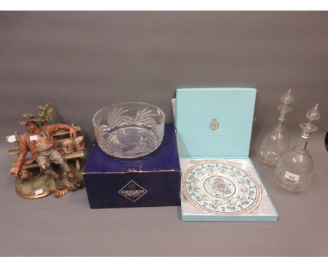 Pair of Edwardian decanters with stoppers, Edinburgh crystal cut glass bowl, collector's plate in original box and a Capo di 