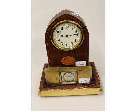 Early 20th Century mahogany line and shell inlaid lancet shaped mantel clock with circular paper dial having Arabic numerals,