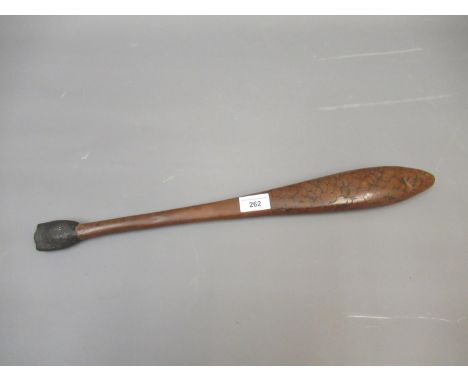 Native Aboriginal fish tail club with etched fish scale decoration, 20.5in long 