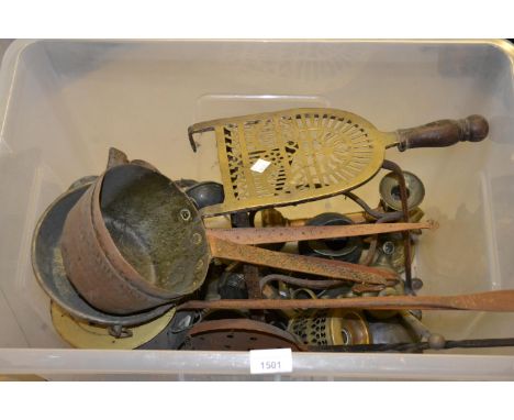 Antique brass chestnut roaster, skimmer, ladle, three cooking pans, toasting fork, a wrought iron skimmer and a pair of brass