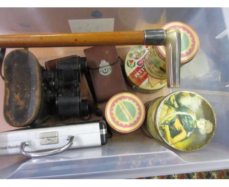 Cased pair of binoculars, two folding cameras, five various vintage biscuit and chocolate tins, a travel humidor and a silver