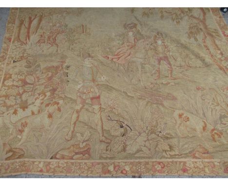 Late 19th / early 20th Century woolwork tapestry depicting huntsman with dog and lady on horseback within a landscape, 6ft x 