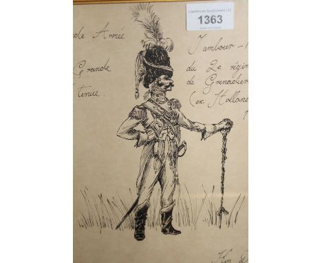 Framed pen sketch, ' Grand Army En Grand Terue ', signed Kin Day, dated 1977, gilt framed, together with a head and shoulder 