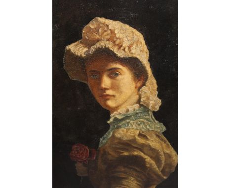 19th Century Continental school, oil on canvas, portrait of a lady wearing a lace bonnet and carrying a rose, 27ins x 22ins, 