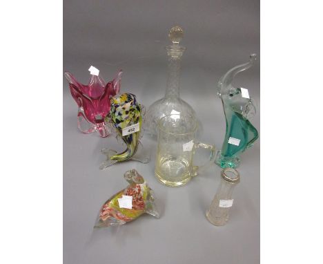 Murano glass fish form vase, model of a seal and various other decorative glass including a decanter 