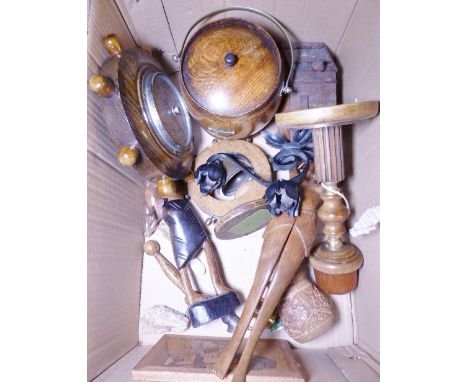 TREEN ITEMS. Box of mixed treen items including ships wheel barometer 