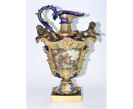A large and rare Mason's Ironstone 'Neapolitan' ewer, circa 1815-20 painted by Samuel Bourne, with scroll handle and fluted n