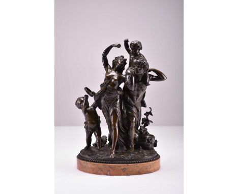 After Clodion (1738-1814), a bronze Bacchanalian groupGreen-brown patina, modelled as a youth and a maiden accompanied by two