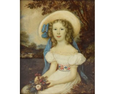 Attributed to Christina Robertson (1796-1854) Portrait miniature of a young girl wearing a white dress and straw hat decorate