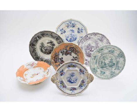 A group of scarce H&amp;R Daniel earthenwarescomprising a black transfer-printed 'Neapolitan' soup plate, black printed mark,