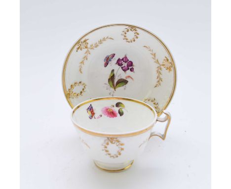 H&amp;R Daniel - A teacup and saucer, circa 1824of 'London' shape, with ribbon and wreath moulding, pattern 3867, enamelled w